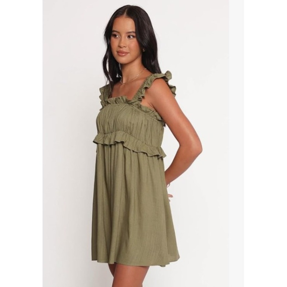 Petal & Pup Orion Frill Strap Mini Dress Womens‎ Size L Olive Green Ruffle